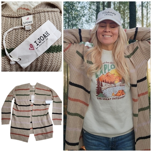 NWT IJOAH Knit Striped Cardigan Taupe Sz Large Crunchy Granola Girl Camp Cardi - Picture 1 of 11